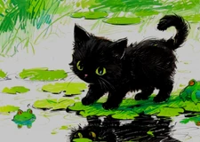 ACEO Mini *Art Print* Black Cat Baby Kitten Water Pond & Green Frogs by Saulite