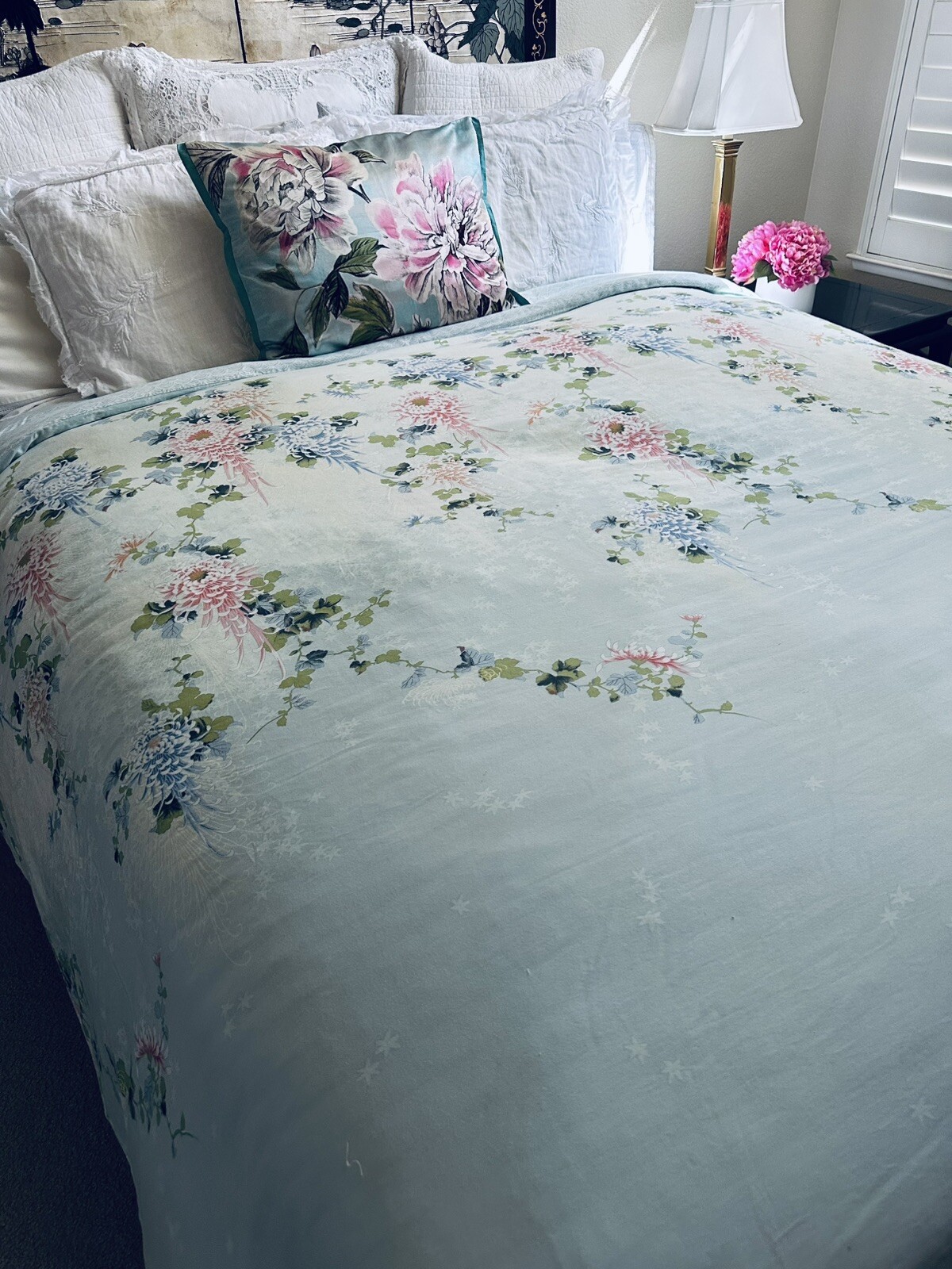 Vintage Cotton Sateen Queen Shanghai Duvet Cover Aqua Zen Asian Floral NWOT
