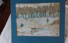 Preowned sign 1960's watercolor Collage Painting Landscape mixed paper glue/sewn