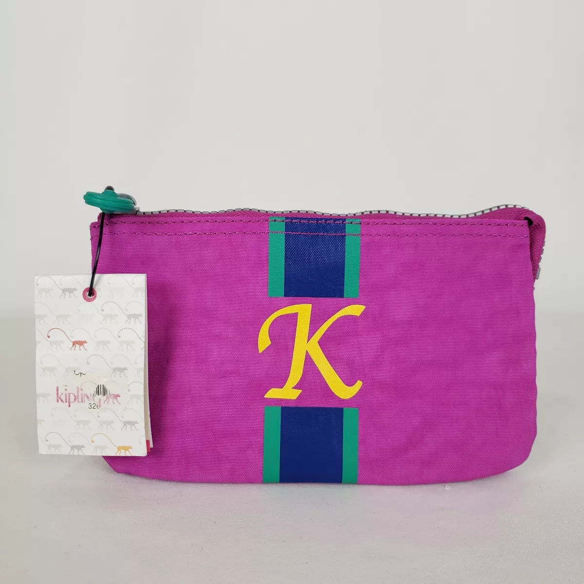 Kipling Top Zip Cosmetic Bag 4.5 x 7.5" Monogram "K" Fuchsia  Blue Stripe NWT