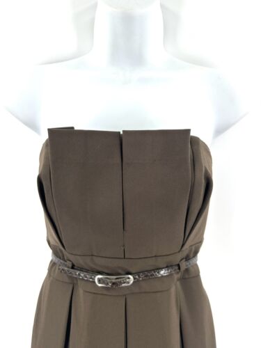 Black Halo Brown Strapless Dress Womens S Pleated Belted Pockets A Line Cocktail - Picture 2 of 13