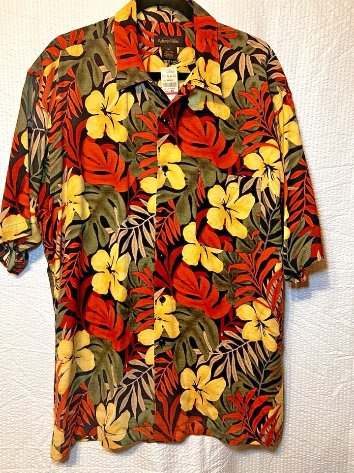 Camisa de campamento Loud Roberto Villini con botones para hombre estampado tropical XL SEDA $65 Foto 2 de 4