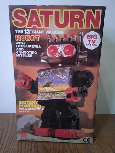 vintage Saturn 13" giant walking Robot original box has missiles not work    Z83