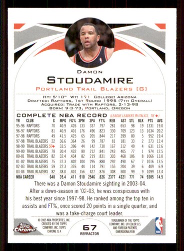 2004-05 Topps Chrome Refractors #67 Damon Stoudamire - Picture 2 of 2