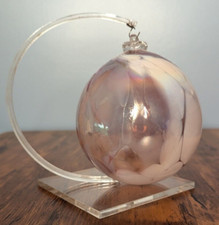 Beautiful Hand Blown Glass Ball Globe Ornament Pink  White Swirl 3oz 4.5"