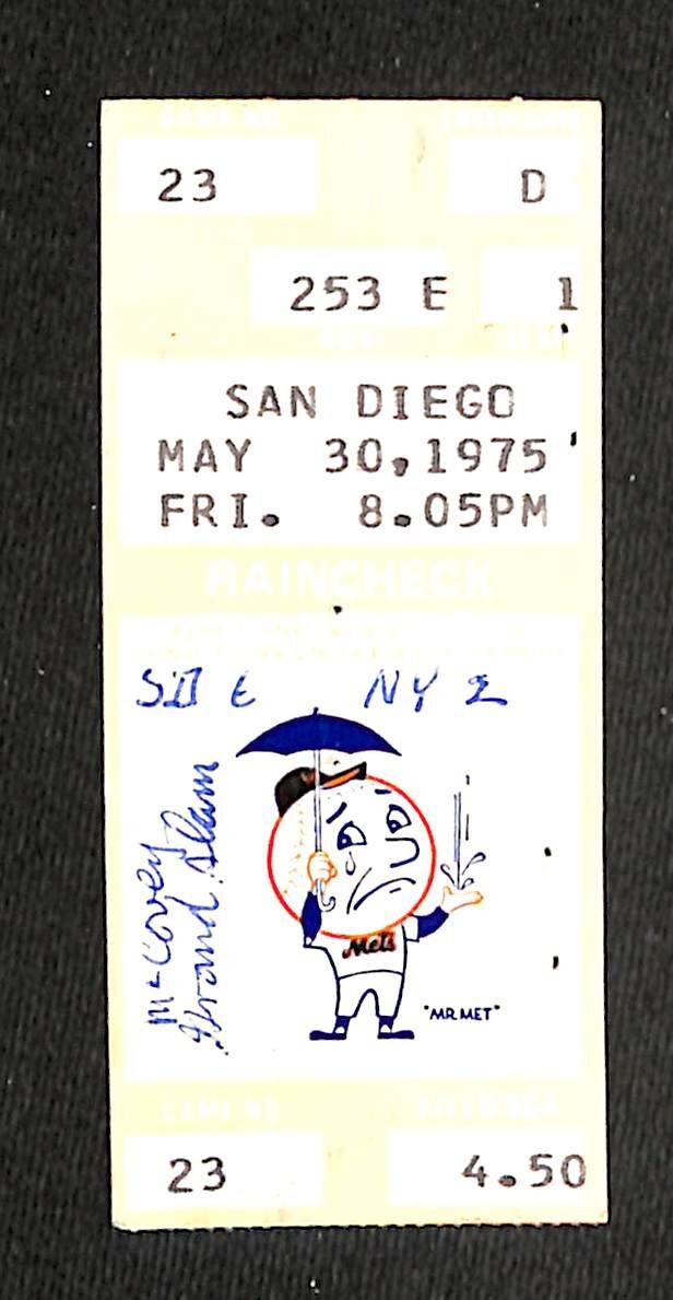 MAY 30, 1975 SAN DIEGO PADRES NEW YORK METS TICKET STUB, MCCOVEY GRAND  SLAM