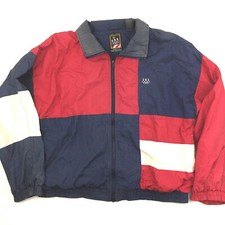 Vtg 90s USA Flag Olympic Games Windbreaker Jacket Colorblock All Over Logo Sz L