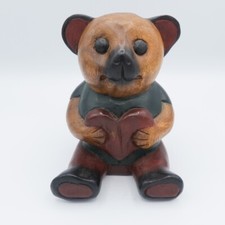 VTG Hand Carved Wooden Folk Art Teddy Bear Holding Heart Nursery Decor Gift 5.5  