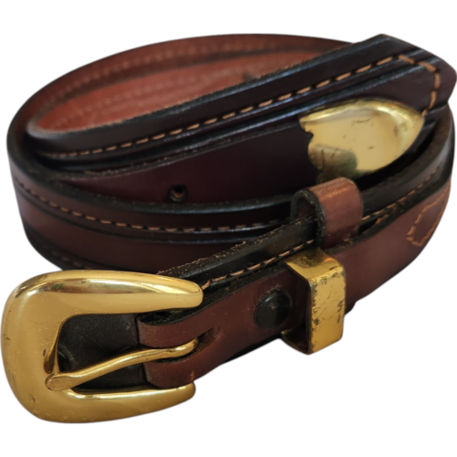 Vtg Women’s Belt Leather Brass Western Sz 30 Western 1" Wide Dark Brown