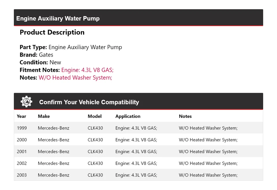 Puertas auxiliares de bomba de agua para motor V8 de 4,3 L 1999-2003 Mercedes-Benz CLK430 Foto 2 de 4