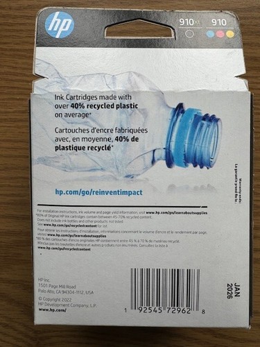 4 PACK HP GENUINE 910XL BLACK & 910 CMY COLOR INK BRAND NEW, UNOPENED - Afbeelding 2 van 2