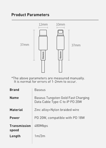 Baseus Tungsten PD 20W for iPhone to USB C Cable Fast Charging Data Sync. 1m 2m - Picture 10 of 10