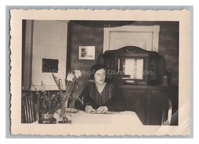 Young Woman with Book in Dining Room - Apartment Portrait - Vintage Photo 1930s