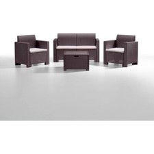 SALOTTO SET GIARDINO DIVANO POLTRONE TAVOLO POLIPROPILENE RATTAN NEBRASKA MARRON