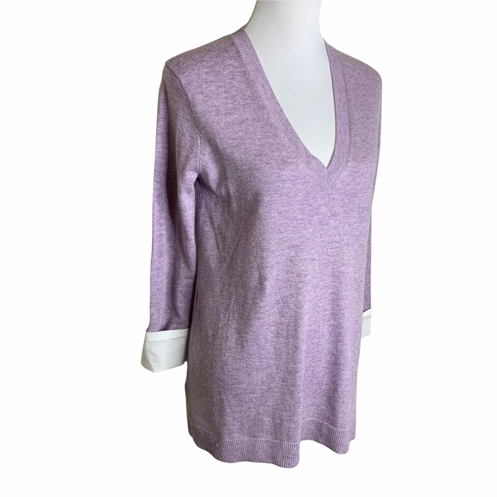 J. Crew Lavender Heather Wool Blend Cuffed Sleeve V Neck Pullover