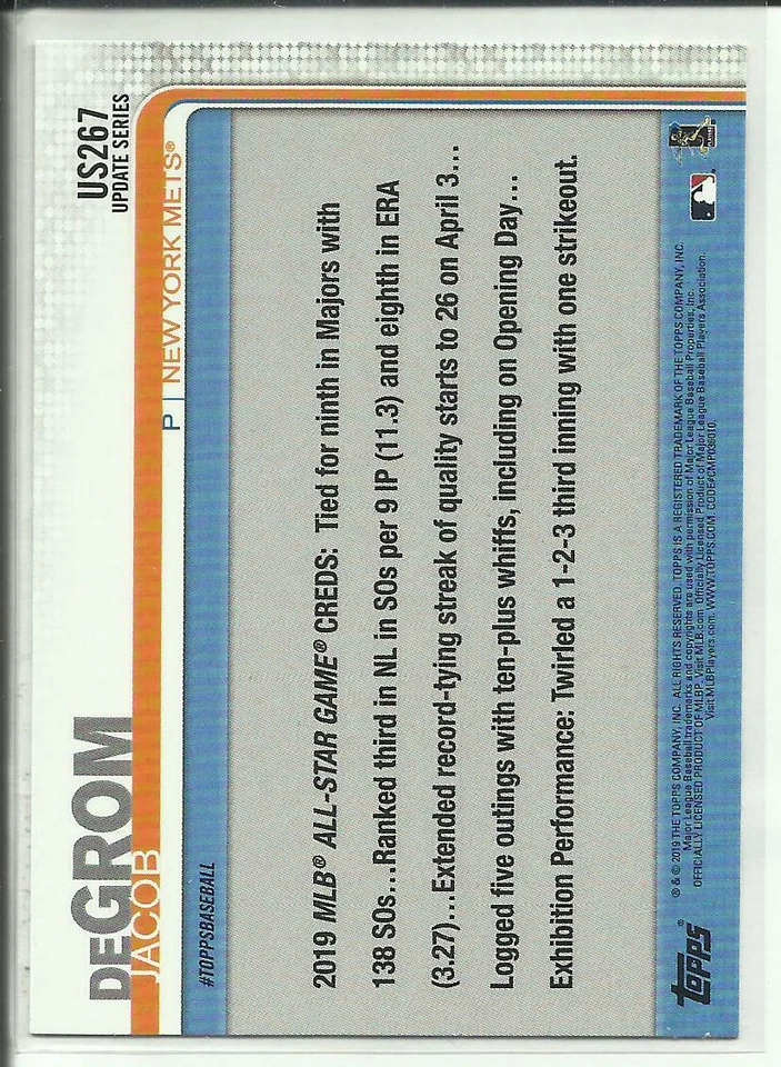 2019 Topps Update Series Meijer Purple #US267 All-Star Jacob deGrom - Image 2 of 2