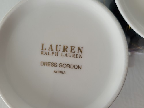 Ralph Lauren Coffee Mugs Dress Gordon Tartan Plaid Gold Trim Set Of 2 Cups - Picture 4 of 7