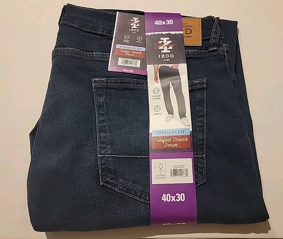 IZOD Men's Straight Fit Comfort Stretch Denim Jeans, Dark Blue