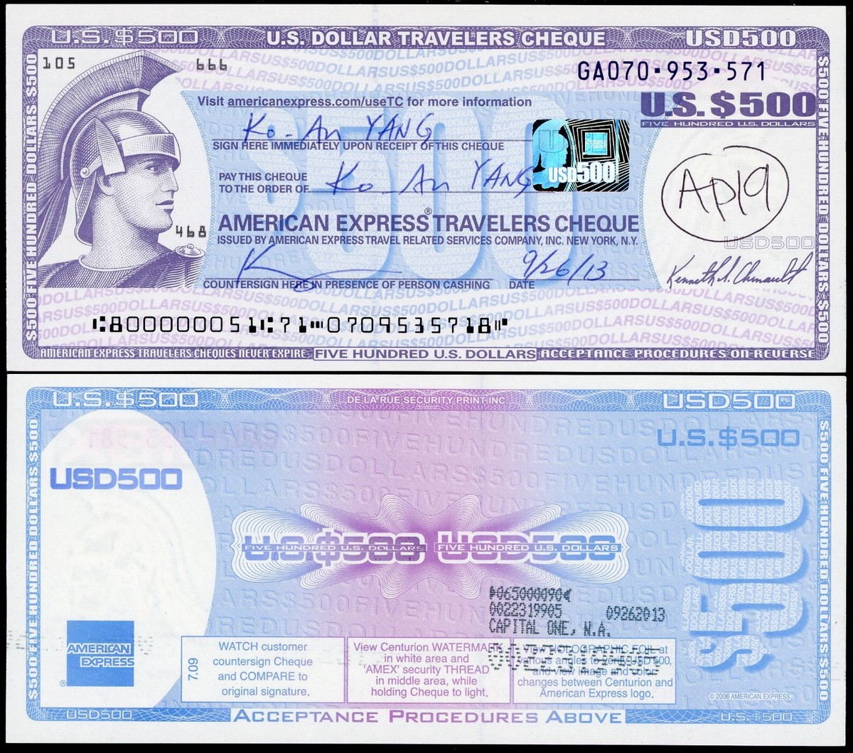 【AMEX TRAVELERS CHEQUES CARDSアメックス トランプ】 UNITED STATES $500 AMERICAN EXPRESS TRAVELERS CHEQUE