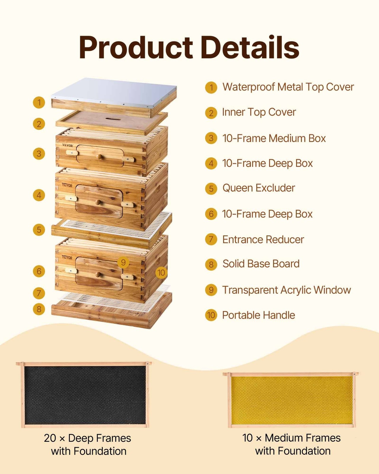 VEVOR Bee Hive 30 Frame Bee Hives Starter Kit, Beeswax Coated Fir Wood, 2 Deep +