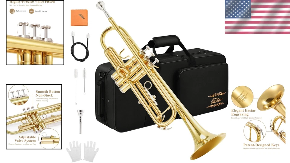 Easy-to-Play Bb Brass Trumpet Set with 7C Mouthpiece, Hard Case & Cleaning Tools - Image 2 of 4
