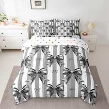 Kids Black Bowknot Comforter Set with Sheets,Cute Bow Girly 7 Piece Bedding S...