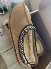 Brown Suede Shearling Slip-On Embroidered Comfort Slippers for Women, US 8.5