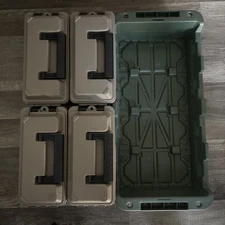 4-can ammo crate, stackable, easy carry, 30 cal, 23.6"L x 11.25"W x 7.5"H