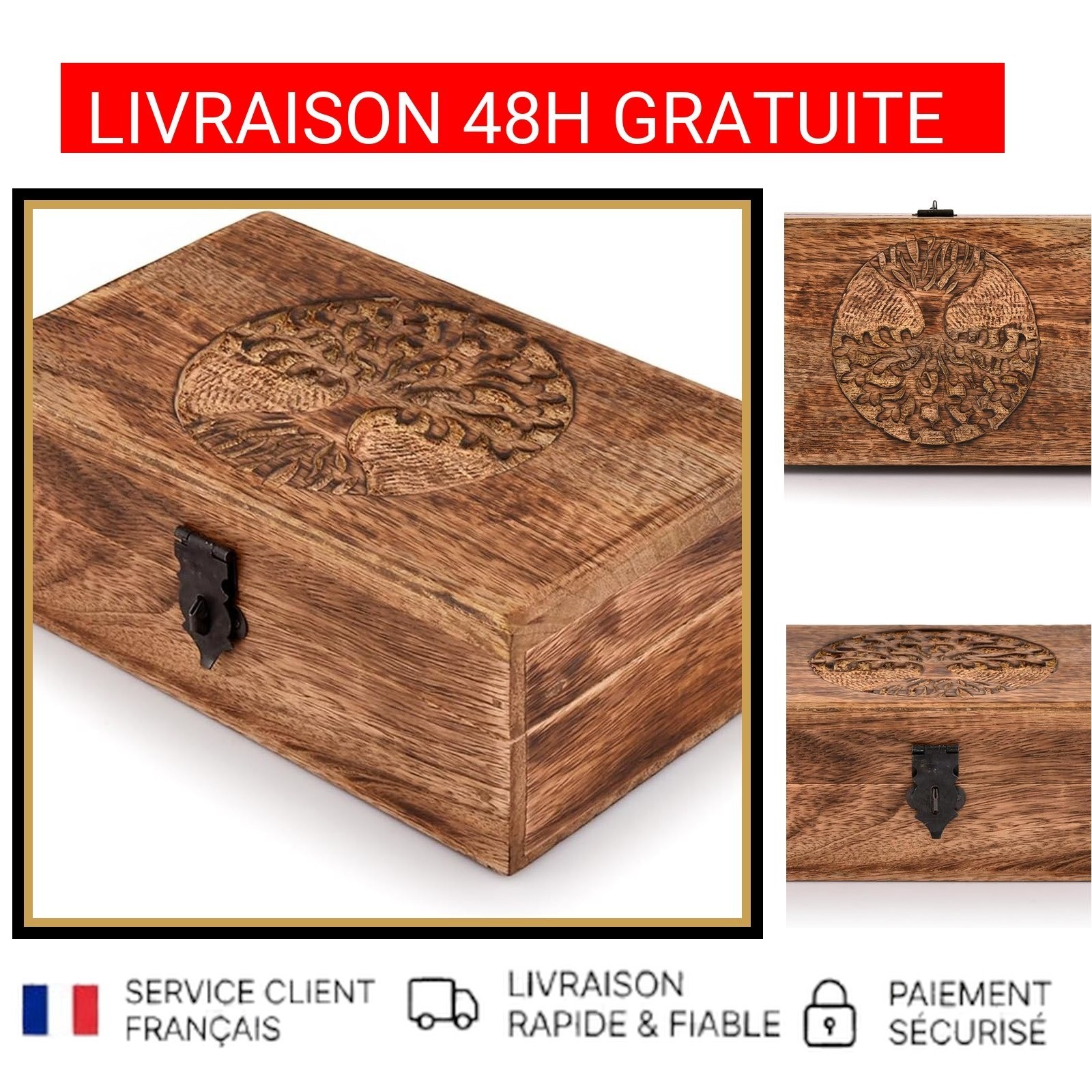 Boîte à bijoux Arbre de Vie en bois cadeau vintage idéal pour homme et femme
