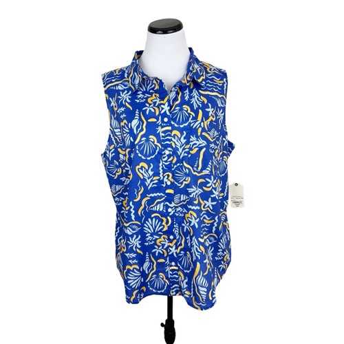 St Johns Bay Sea Shell Print Sleeveless Button Front Classic Shirt Blue Size XXL