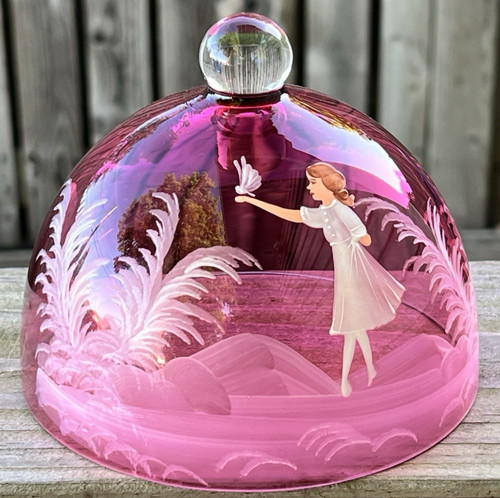 Fenton Mary Gregory Hand Painted Red Glass Dome Lid