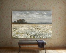 Spring Meadow Painting, Vintage Landscape Canvas Print, Country Field Wall Art