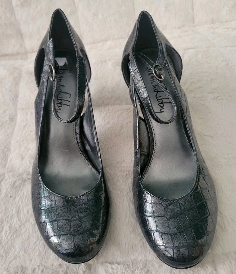 Zapatos de tacón Sam & Libby talla 9M gris plata estampado de cocodrilo para mujer Mary Jane Foto 2 de 4