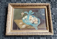 Antique Folk Art Blue Dot Handkerchief & Eggs Primitive Still Life Oil Painting