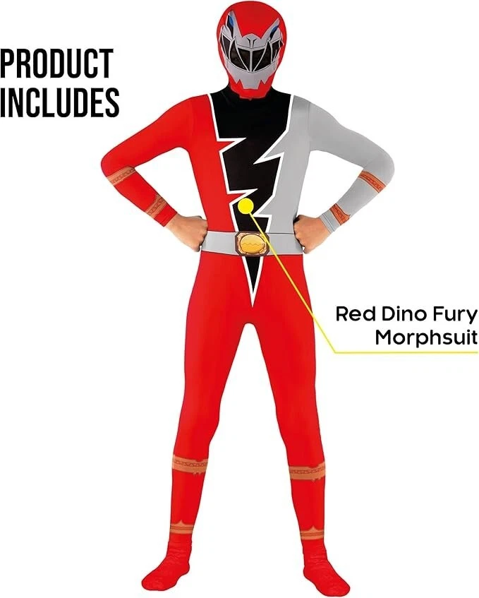 Kids Red Dino Fury Morphsuit Boys Power Rangers Superhero Fancy Dress Costume - Image 2 of 4