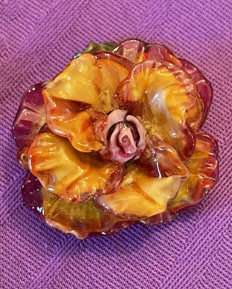 Patsy Evins Rose Flower Focal Lampwork Bead With 2 Buds And Leaves - Beautiful - Image 3 of 4