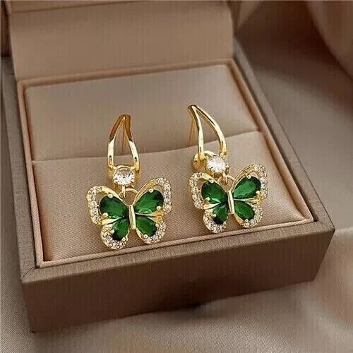 Pear Cut Simulated Green Emerald Women's Drop Earrings In 14k Yellow Gold Plated