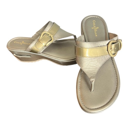 Cole Haan Womens Metallic Gold Strap Wedge Flip Flops With Side Buckle Size 6.5B