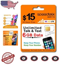 Prepaid SIM Card 15 Mo: Unlimited Talk Text, 6GB 5G 4G LTE Data