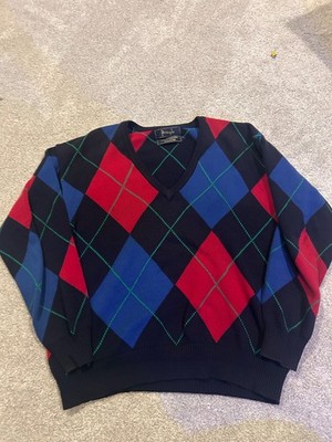 Vintage Pringle Sweater Mens Large Argyle red Blue Cotton Hong Kong 1980s