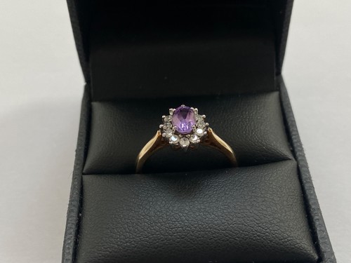 VINTAGE 9CT GOLD AMETHYST RING DIAMOND HALO CLUSTER - SIZE O - Picture 11 of 11