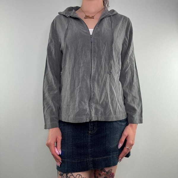 Y2K Vintage Archivo Cremallera Ligera Sudadera con Capucha Gris con Cordón