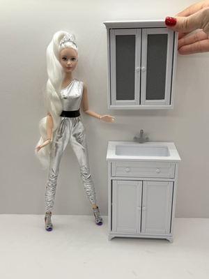 #ad 1:6 Scale Mini Bathroom Vanity Sink amp; Wall Cabinet – Dollhouse Furniture White✨ $34.00