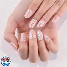 evpct Spring and Summer Glossy Press on Nails Short Oval, Aurora Glazed Fake 