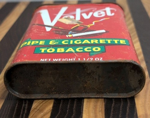 Pipa vintage in velluto e sigaretta tabacco latta coperchio ribaltabile stile vuoto da collezione - Foto 5 di 6