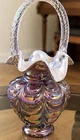 Iridescent Carnival Glass Basket Vase Twisted Handle Ruffled Rim, 10.5”