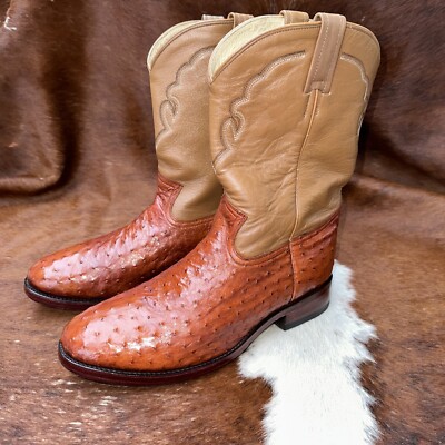 Vintage Dan Post Herren Cowboy Stiefel in Cognac Echte Straussenleder 44,5/10,5E