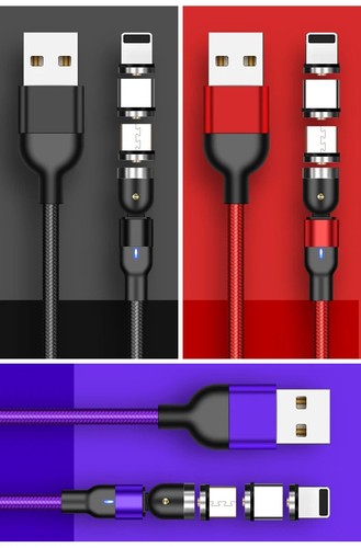 Magnetic USB Cable 360º+180º For iPhone Samsung Android 3 in 1 Charging Cable - Photo 12 sur 15