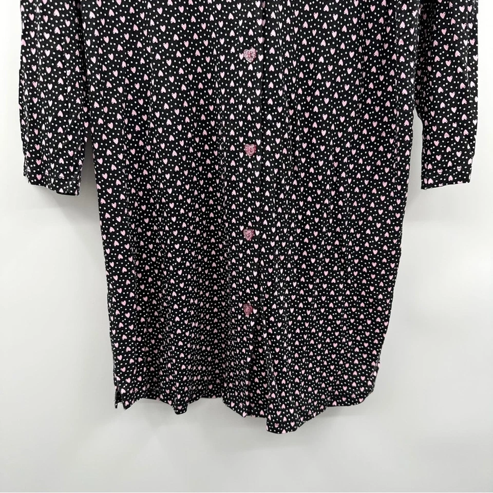 Betsey Johnson Black & Pink Heart Print 3/4 Sleeve Button Down Sleep Dress Sz M - Image 3 of 4