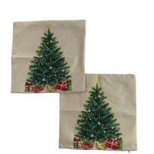 Two Christmas Decor Pillow COVERS Tree and Presents Zipper Green Red 17 x 17"